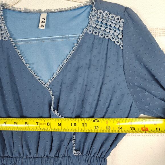 Blue Swiss Dot Mini Dress Lace Trim Wrap Style Elastic Waist Juniors XS Used - Picture 4 of 7